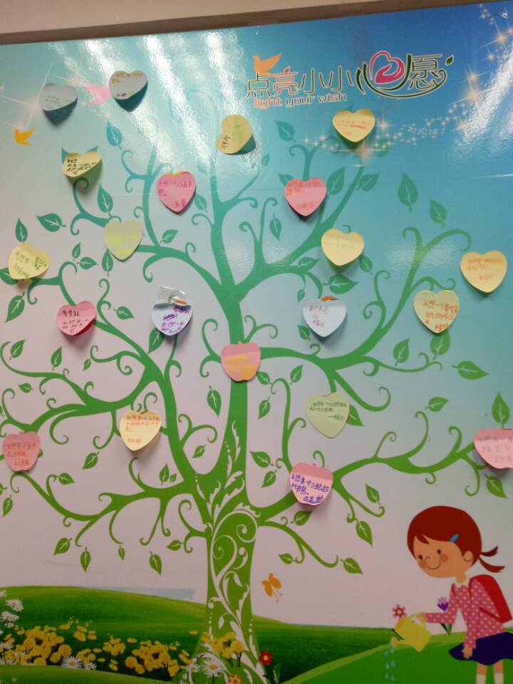志愿者们请孩子们将自己的一个小愿望写在彩色卡片上,贴上"心愿墙",并